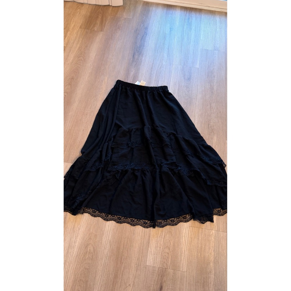 Verdusa Black Maxi Skirt High Low Asymmetrical Lace Trim Ruffle Gothic Boho - S - Picture 2 of 11